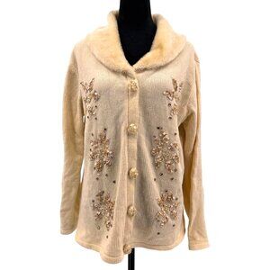 Vintage Snowflake Sequin Chenille Cardigan Sweater Womens Faux Fur Collar Cream‎